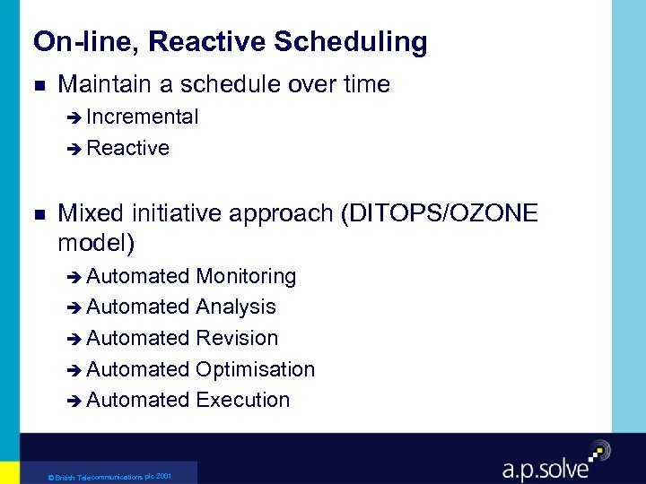 On-line, Reactive Scheduling g Maintain a schedule over time è Incremental è Reactive g