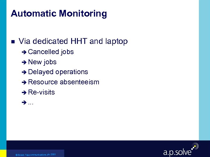 Automatic Monitoring g Via dedicated HHT and laptop è Cancelled è New jobs è