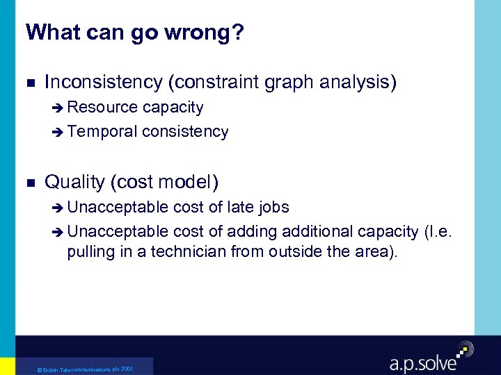 What can go wrong? g Inconsistency (constraint graph analysis) è Resource capacity è Temporal