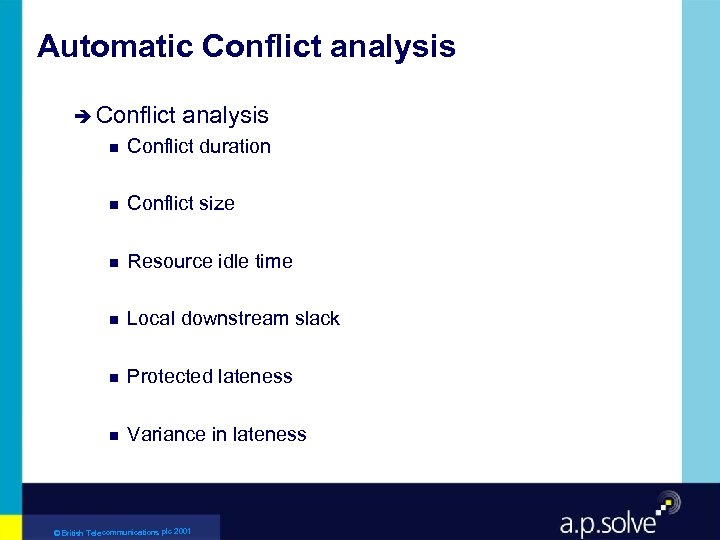 Automatic Conflict analysis è Conflict analysis g Conflict duration g Conflict size g Resource