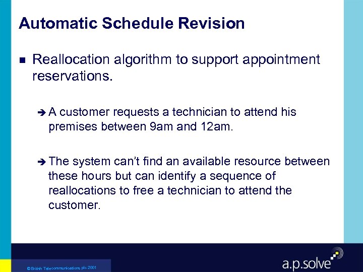 Automatic Schedule Revision g Reallocation algorithm to support appointment reservations. èA customer requests a
