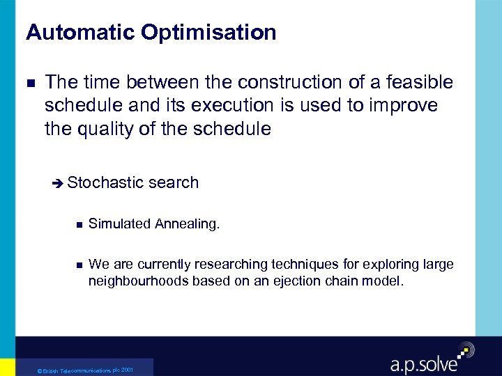 Automatic Optimisation g The time between the construction of a feasible schedule and its