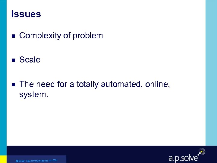 Issues g Complexity of problem g Scale g The need for a totally automated,