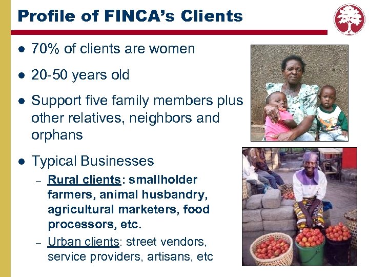 Profile of FINCA’s Clients l 70% of clients are women l 20 -50 years