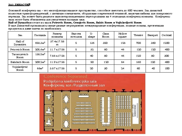 ЗАЛ ДИНАСТИЙ Основной конференц-зал – это многофункциональное пространство, способное вместить до 800 человек. Зал