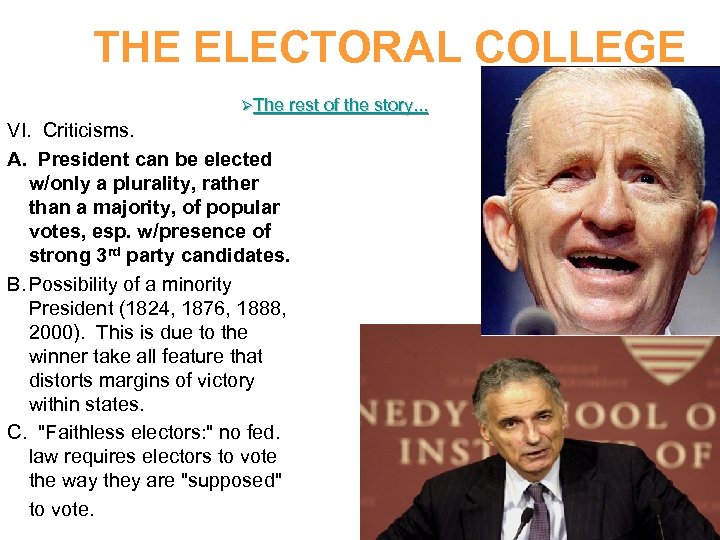 THE ELECTORAL COLLEGE ØThe rest of the story. . . VI. Criticisms. A. President