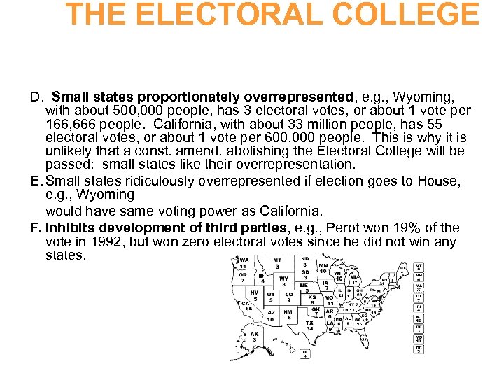 THE ELECTORAL COLLEGE 1 vote for 166, 000 people D. Small states proportionately overrepresented,