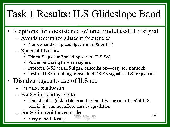 Task 1 Results: ILS Glideslope Band • 2 options for coexistence w/tone-modulated ILS signal
