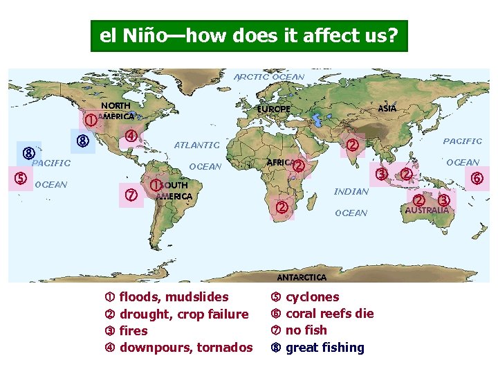 el Niño—how does it affect us? floods, mudslides drought, crop failure fires downpours, tornados