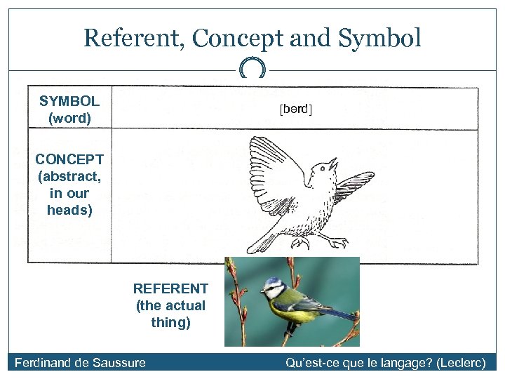 Referent, Concept and Symbol SYMBOL (word) [bərd] CONCEPT (abstract, in our heads) REFERENT (the