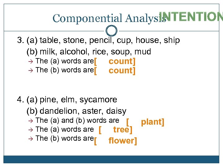 INTENTION Componential Analysis 3. (a) table, stone, pencil, cup, house, ship (b) milk, alcohol,