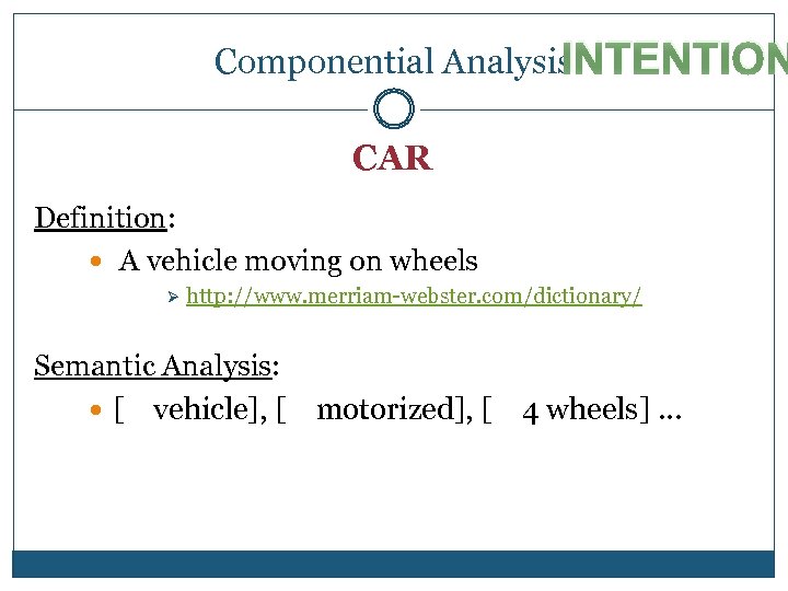 INTENTION Componential Analysis CAR Definition: A vehicle moving on wheels Ø http: //www. merriam-webster.