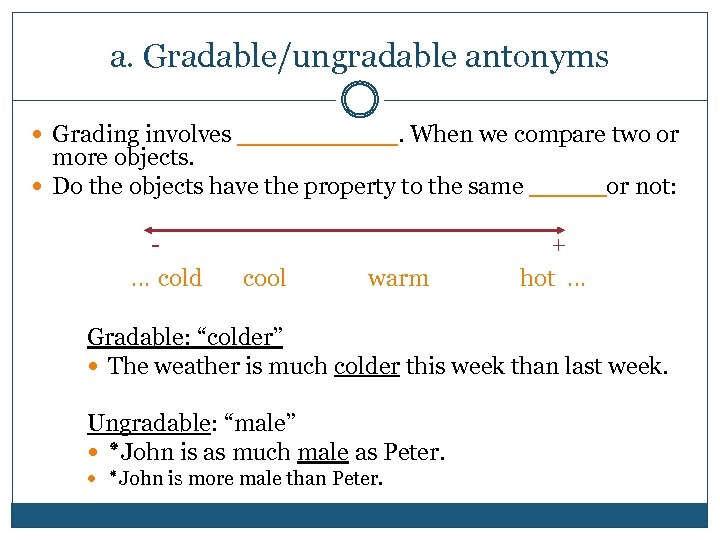 a. Gradable/ungradable antonyms Grading involves _____. When we compare two or more objects. Do