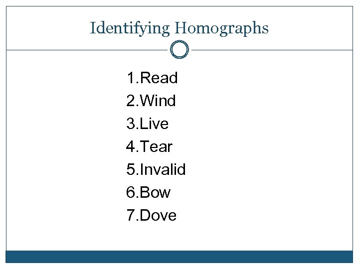 Identifying Homographs 1. Read 2. Wind 3. Live 4. Tear 5. Invalid 6. Bow