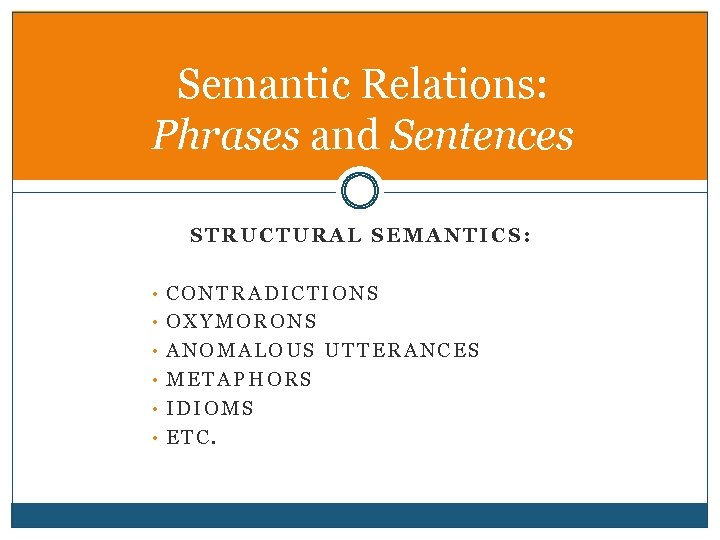 Semantic Relations: Phrases and Sentences STRUCTURAL SEMANTICS: • CONTRADICTIONS • OXYMORONS • ANOMALOUS UTTERANCES