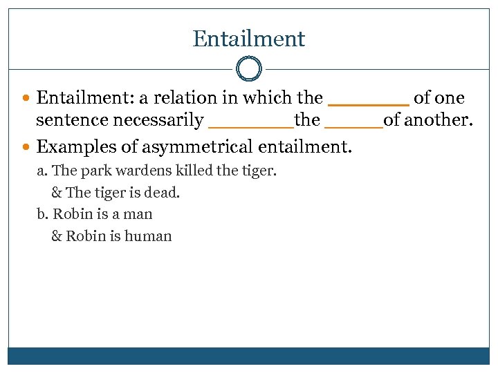 Entailment Entailment: a relation in which the of one sentence necessarily the of another.