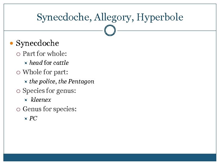 Synecdoche, Allegory, Hyperbole Synecdoche Part for whole: head for cattle Whole for part: the