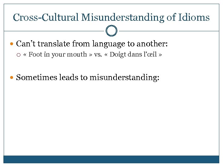 Cross-Cultural Misunderstanding of Idioms Can’t translate from language to another: « Foot in your