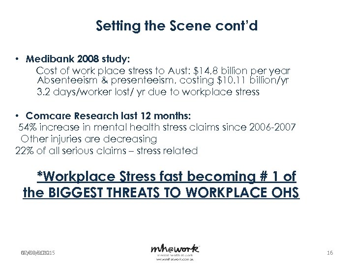 Setting the Scene cont’d • Medibank 2008 study: Cost of work place stress to