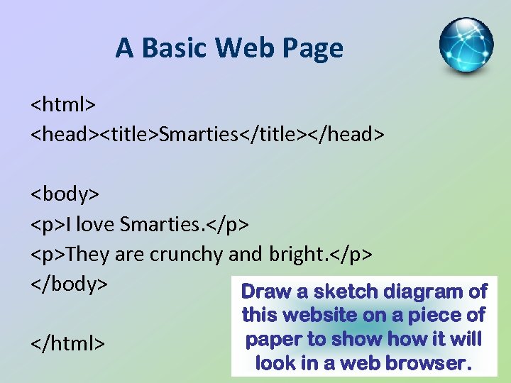 A Basic Web Page <html> <head><title>Smarties</title></head> <body> <p>I love Smarties. </p> <p>They are crunchy