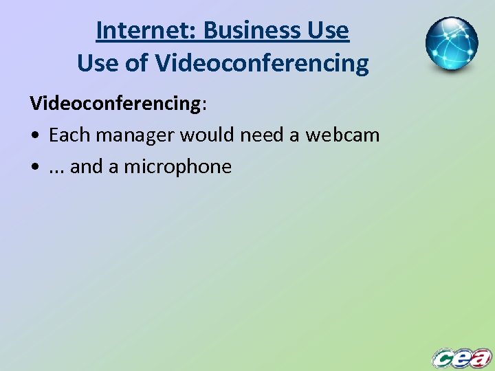 Internet: Business Use of Videoconferencing: • Each manager would need a webcam • .