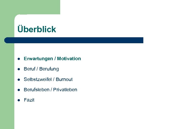 Überblick l Erwartungen / Motivation l Beruf / Berufung l Selbstzweifel / Burnout l