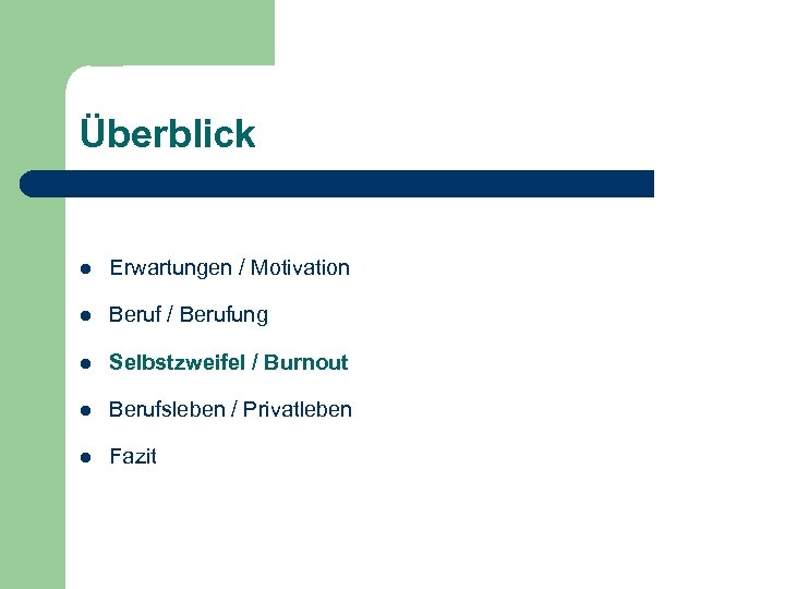 Überblick l Erwartungen / Motivation l Beruf / Berufung l Selbstzweifel / Burnout l