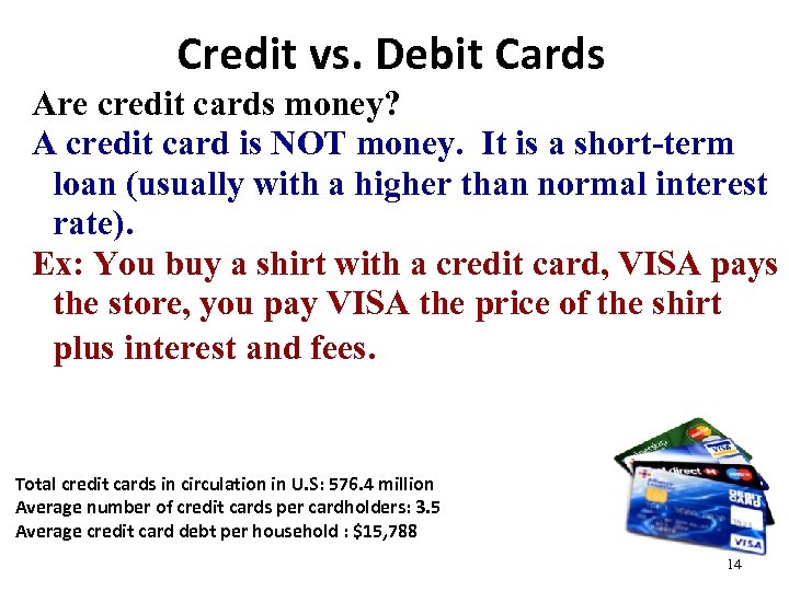 Credit vs. Debit Cards Are credit cards money? A credit card is NOT money.