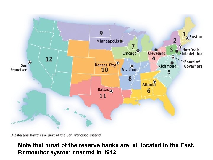 Note that most of the reserve banks are all located in the East. Remember