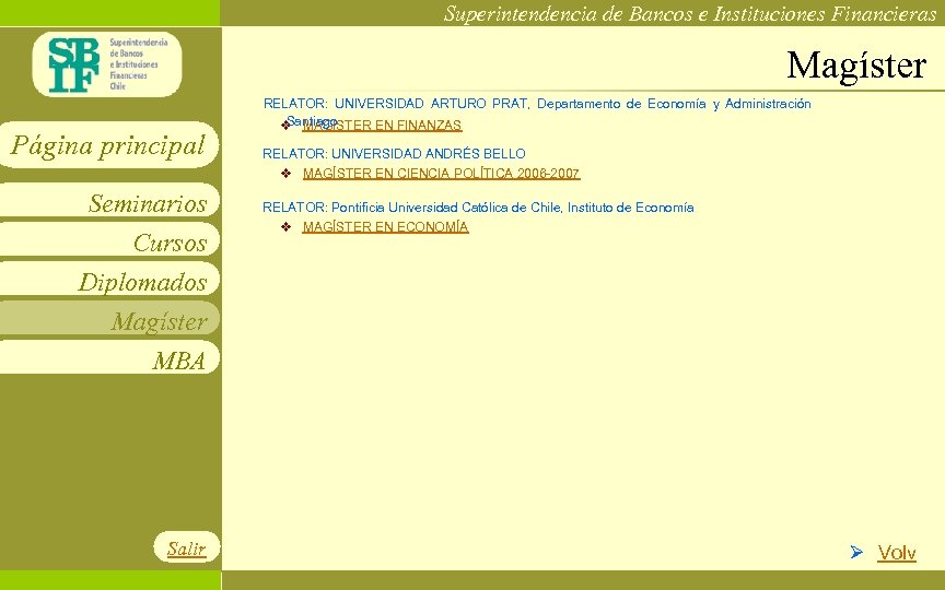 Superintendencia de Bancos e Instituciones Financieras Magíster Página principal Seminarios Cursos Diplomados Magíster MBA