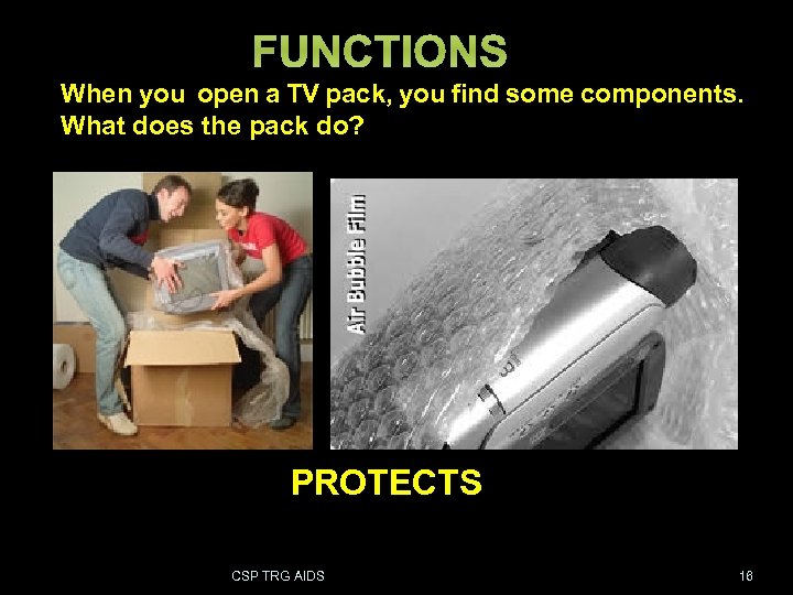 FUNCTIONS When you open a TV pack, you find some components. What does the