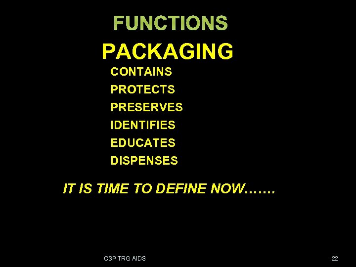 FUNCTIONS PACKAGING CONTAINS PROTECTS PRESERVES IDENTIFIES EDUCATES DISPENSES IT IS TIME TO DEFINE NOW…….