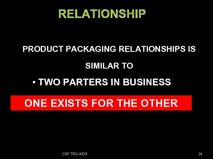 RELATIONSHIP PRODUCT PACKAGING RELATIONSHIPS IS SIMILAR TO • TWO PARTERS IN BUSINESS • HUSBAND