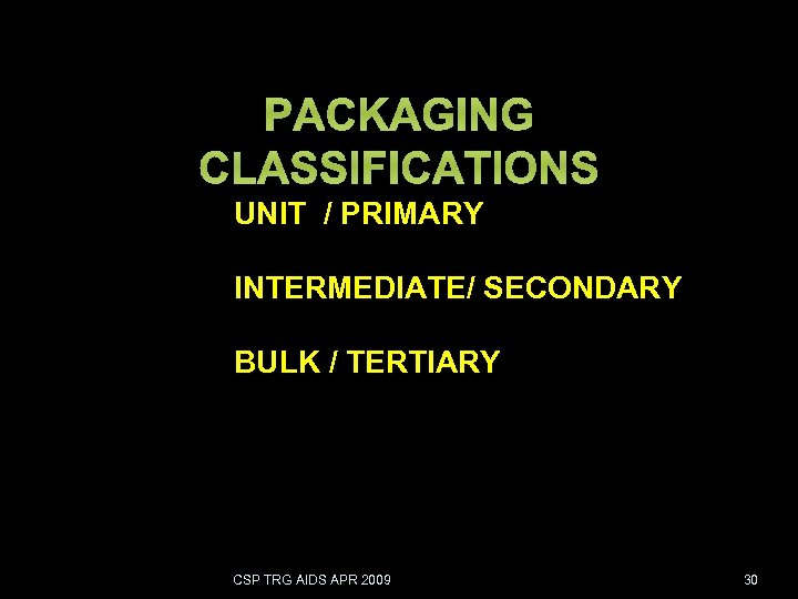 PACKAGING CLASSIFICATIONS UNIT / PRIMARY INTERMEDIATE/ SECONDARY BULK / TERTIARY CSP TRG AIDS APR