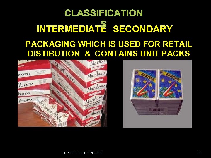 CLASSIFICATION S INTERMEDIATE SECONDARY PACKAGING WHICH IS USED FOR RETAIL DISTIBUTION & CONTAINS UNIT