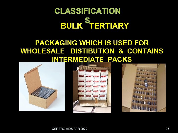 CLASSIFICATION S BULK TERTIARY PACKAGING WHICH IS USED FOR WHOLESALE DISTIBUTION & CONTAINS INTERMEDIATE