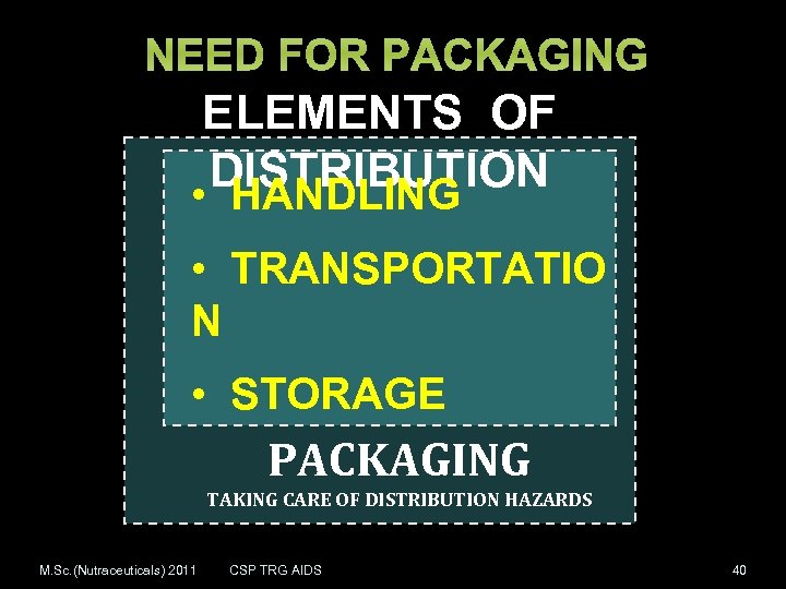 NEED FOR PACKAGING ELEMENTS OF DISTRIBUTION • HANDLING • TRANSPORTATIO N • STORAGE PACKAGING