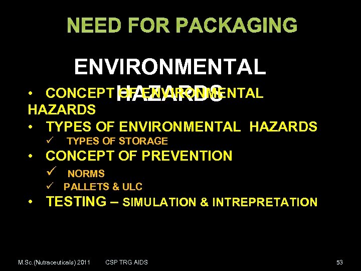 NEED FOR PACKAGING ENVIRONMENTAL CONCEPT HAZARDS OF ENVIRONMENTAL • HAZARDS • TYPES OF ENVIRONMENTAL