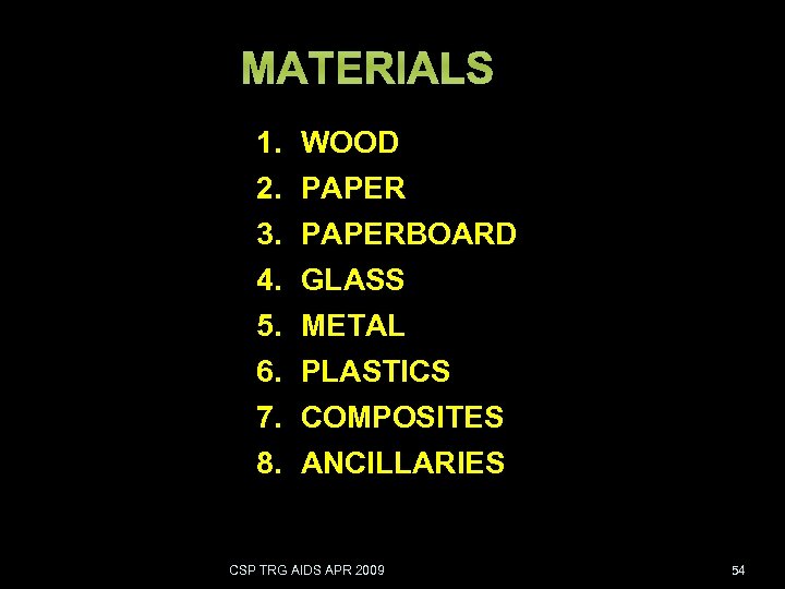 1. 2. 3. 4. 5. 6. 7. 8. WOOD PAPERBOARD GLASS METAL PLASTICS COMPOSITES