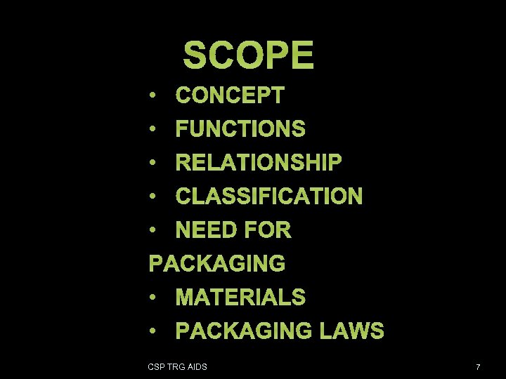 SCOPE • CONCEPT • FUNCTIONS • RELATIONSHIP • CLASSIFICATION • NEED FOR PACKAGING •