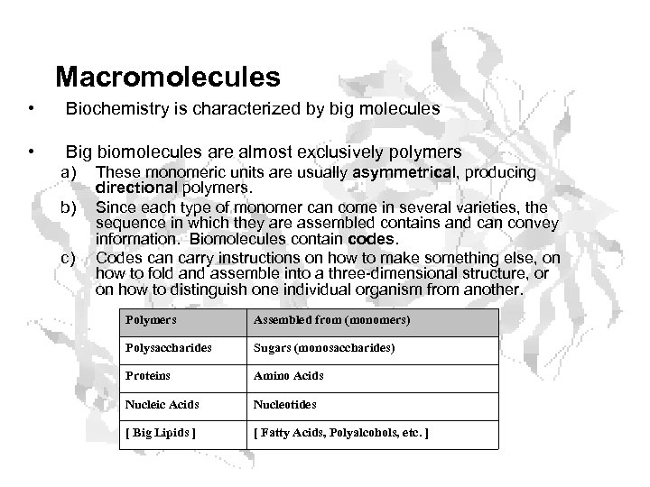 Macromolecules • Biochemistry is characterized by big molecules • Big biomolecules are almost exclusively