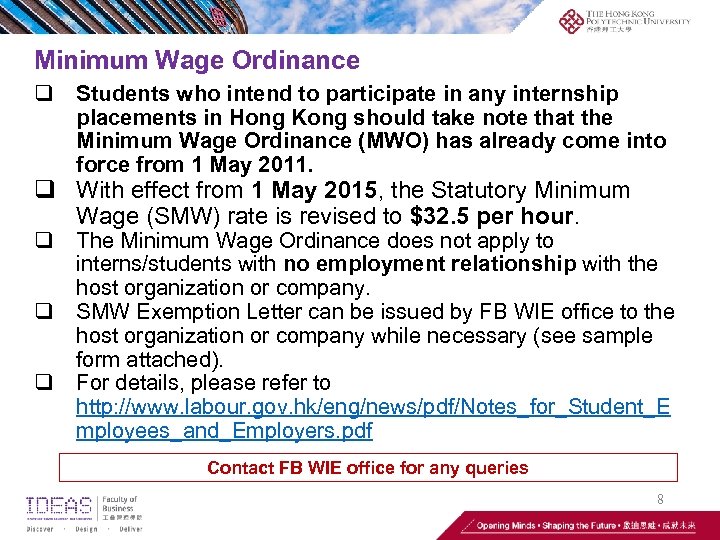 Minimum Wage Ordinance q Students who intend to participate in any internship placements in