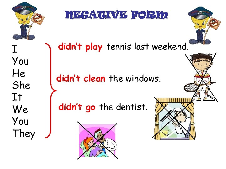 NEGATIVE FORM I You He She It We You They didn’t play tennis last