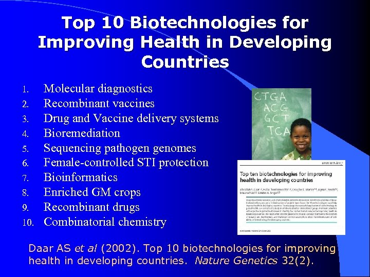 Top 10 Biotechnologies for Improving Health in Developing Countries 1. 2. 3. 4. 5.