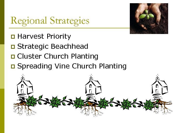 Regional Strategies Harvest Priority p Strategic Beachhead p Cluster Church Planting p Spreading Vine