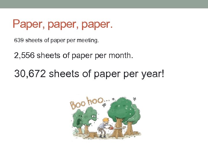Paper, paper. 639 sheets of paper meeting. 2, 556 sheets of paper month. 30,
