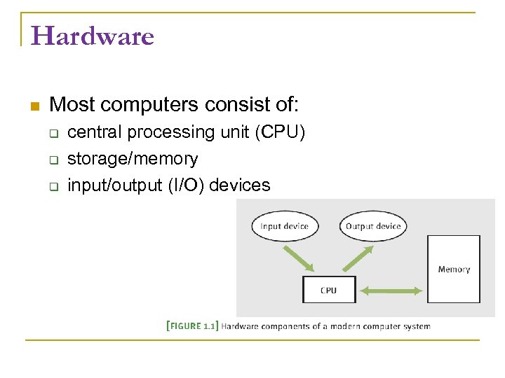 Hardware Most computers consist of: central processing unit (CPU) storage/memory input/output (I/O) devices 
