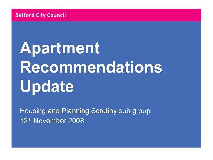 Apartment Recommendations Update Housing and Planning Scrutiny sub group 12 th November 2008 