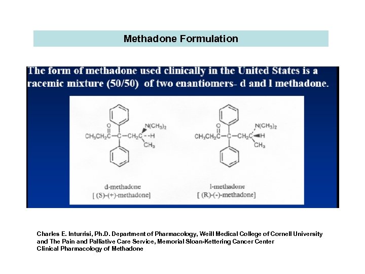 Methadone Formulation Charles E. Inturrisi, Ph. D. Department of Pharmacology, Weill Medical College of