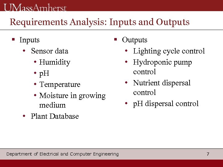 Requirements Analysis: Inputs and Outputs Inputs • Sensor data • Humidity • p. H